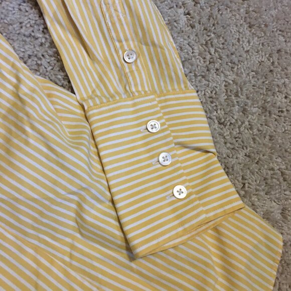 Lands' End Yellow & White Pinstripe Ruffle Trim Button Down Shirt - Picture 8 of 16